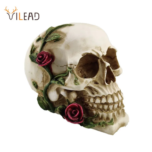 Vilead Rose Skull Statue Halloween Decoration Resin Skeleton Head Crafts Animal Props Bar Ornament Counter Home Sculpture Gift