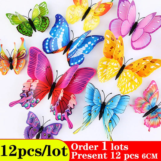 Butterflies Wall Stickers home decor Multicolor Double Layer 3D Butterfly Sticker 12Pcs/lot  for decoration on the living room