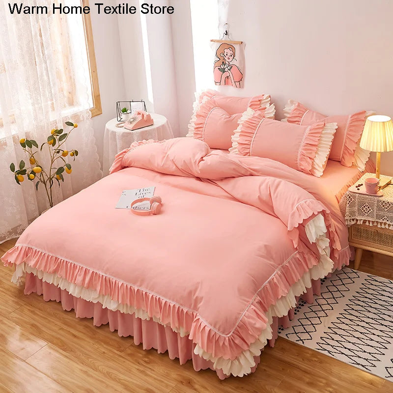 Pink Lace Ruffle Bedding Set Luxury Bed Skirt Sheet Bedspread Korean Duvet Cover Girls Princess Bedspread Pillowcases