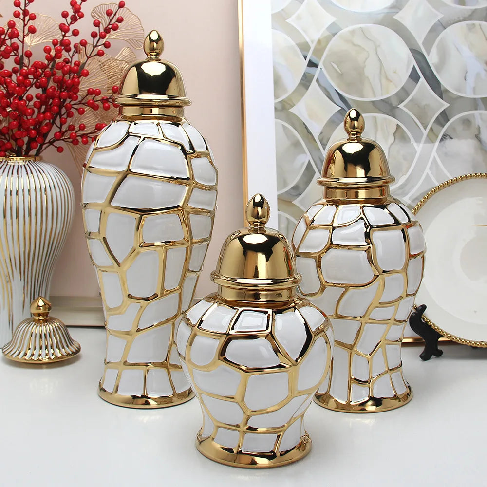 Gold Plaid Ceramic General Jar Art Storage Tank Porcelain Ginger Pot Gold Ceramic Pot Flower Vase Vintage Decorative Ornaments