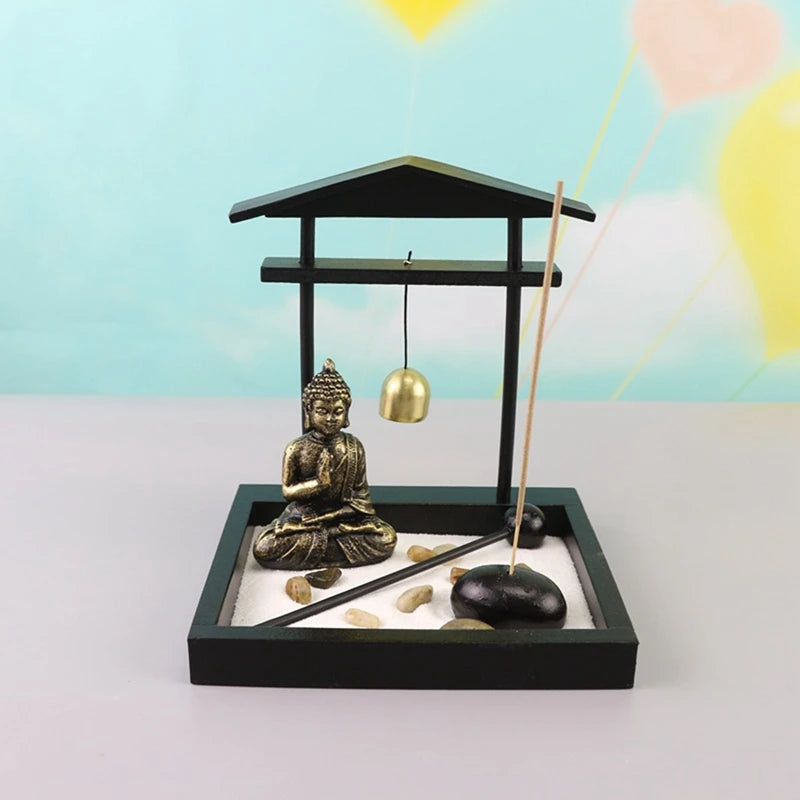 Desktop Zen Sand Garden Meditating Buddha Statue,Mini Zen Garden Sand Tray Kit For Home Office Decor