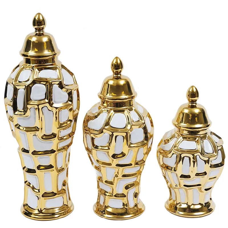 Gold Plaid Ceramic General Jar Art Storage Tank Porcelain Ginger Pot Gold Ceramic Pot Flower Vase Vintage Decorative Ornaments