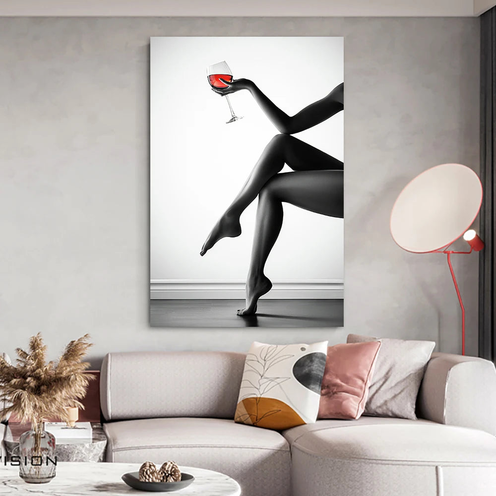 Black and White Sexy Women Red Wine Glasses Posters Prints Modern Canvas Painting Wall Art Pictures for Living Room Home Decor