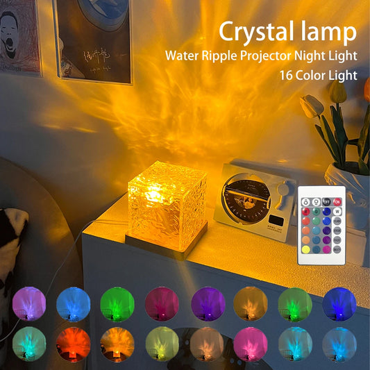 16 Colors Dynamic Rotating Water Ripple Projector Night Light Flame Crystal Lamp for Living Room Study Bedroom Rotating Light