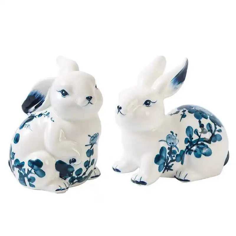 Blue and White Porcelain Rabbit Sculpture Ceramic Simulation Animal Crafts Room Wine Cabinet Rabbit Decoration Home Decoration