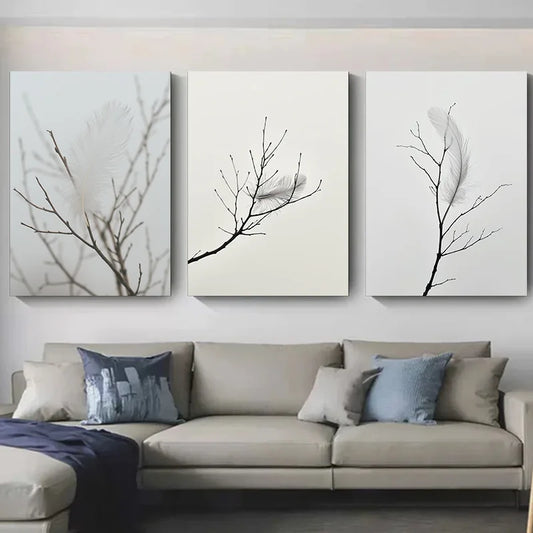 White Feathers Hanging on Branches Decorative Paintings 1pcs Wall Decoration Poster Canvas Printing Decor for Room Posters Home