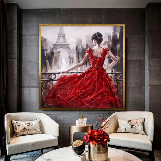 Red Dress Girl Canvas Painting Modern Wall Art Posters Print Abstract City Landscape Pictures for Living Room Home Decor Cuadros