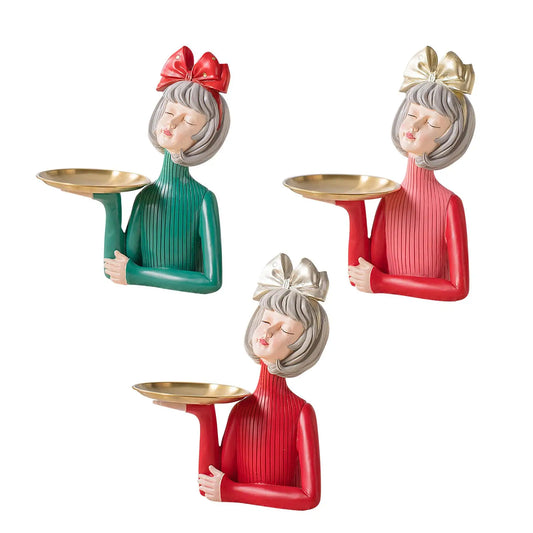 Lovely Girl Statue Storage Tray Home Decoration Figurine Keys Holder Candy Dish for Tabletop Entryway Cabinet Office Living Room