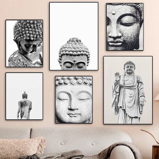 Black And White Buddha Statue Quote Poster Prints Minimalism Aesthetic Meditation Religion Buddhist Canvas Wall Art Home Decor