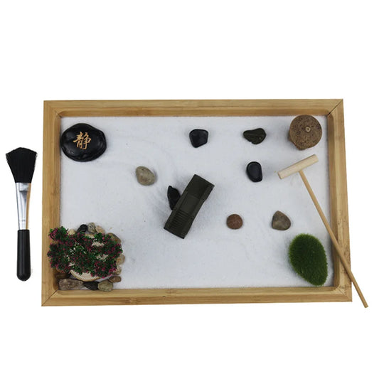 Japanese Zen Garden for Desk, Home and Office Decor, Wooden Sand Tray Mini Zen Garden for Stress Relief, Meditation Zen Decor