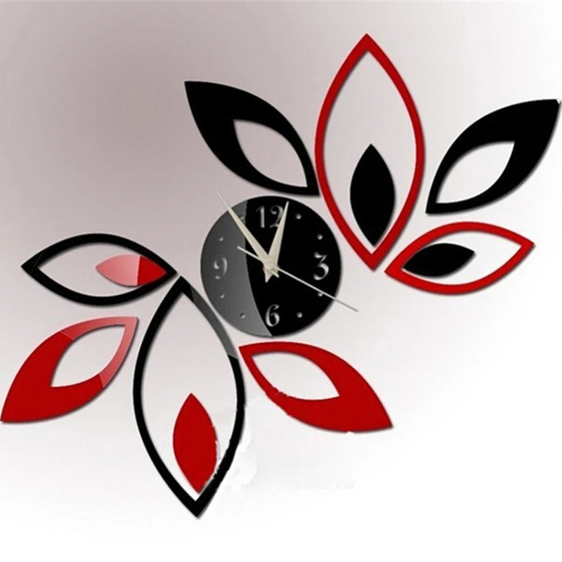 Art Wall Clock Mirror Frameless Leaves Large Wall Clock Silent Wall Clock for Decorative Living Room, Gold, Silver, Red Black