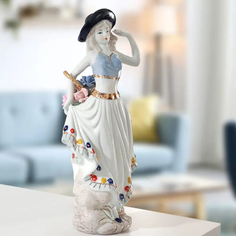 European White Porcelain Cute Girl Sculpture Exquisite Ceramic Character Statue Princess Girl Craft Gift Bedroom Decoration New