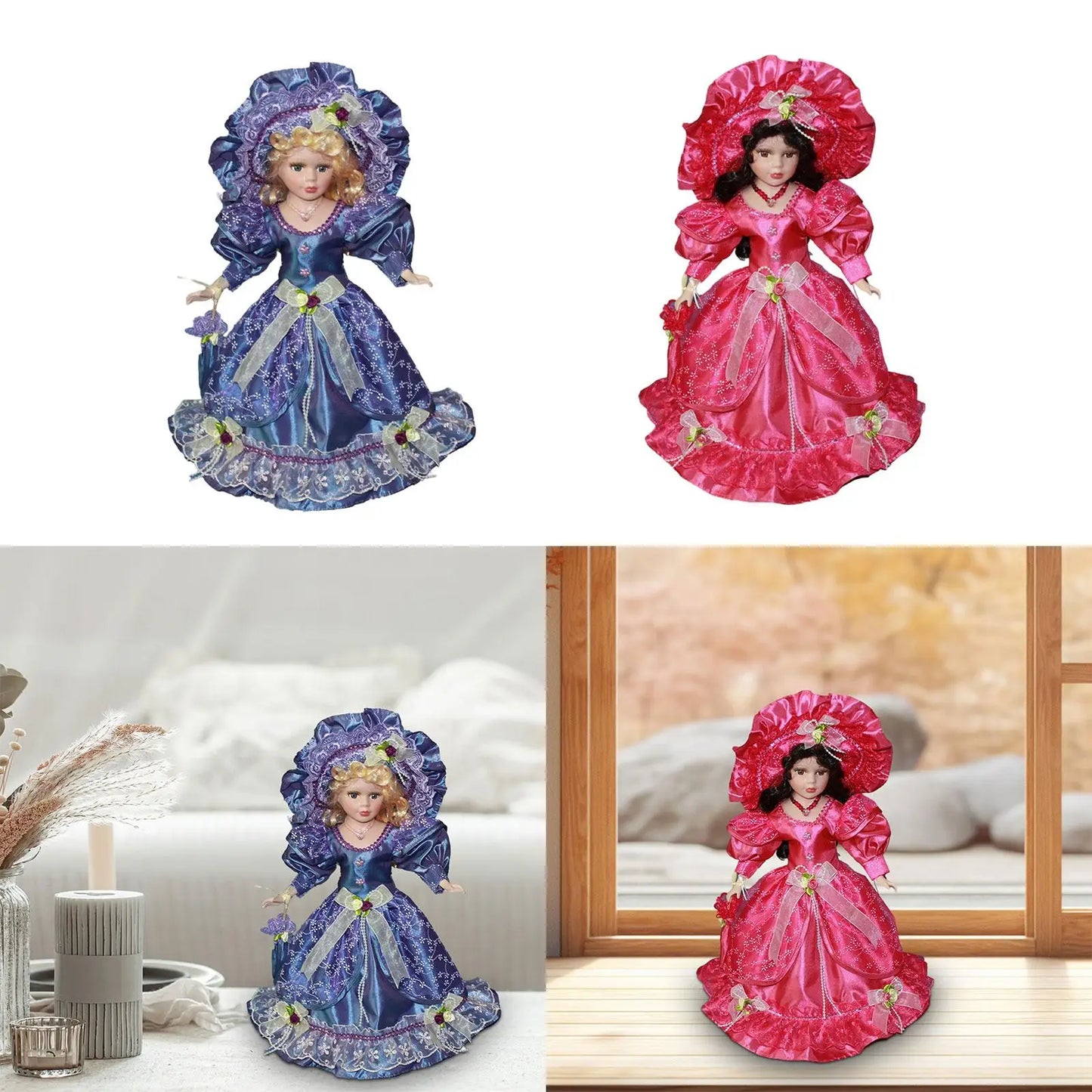 Dollhouse Lady with Dress with Skirt Hat 40cm Miniature Porcelain Figures Ceramic Doll People Model for Girls Kids Birthday Gift