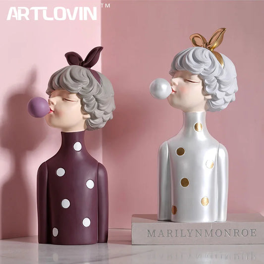 Modern Creative Blowing Bubble Gum Girl Statue Figurine Home Decoration Accessories Room Decor Nice Birthday Gift for Girlfriend
