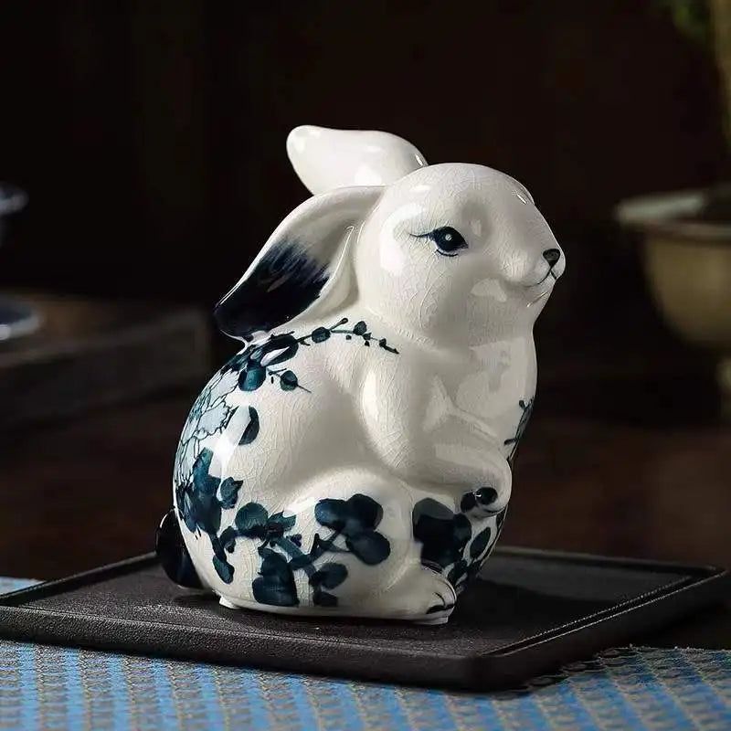 Blue and White Porcelain Rabbit Sculpture Ceramic Simulation Animal Crafts Room Wine Cabinet Rabbit Decoration Home Decoration