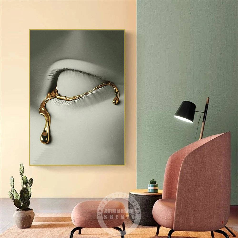 Eye with Gold Tear Poster Prints Abstract Crying Portrait Canvas Painting Wall Art Pictures for Living Room Home Decoration