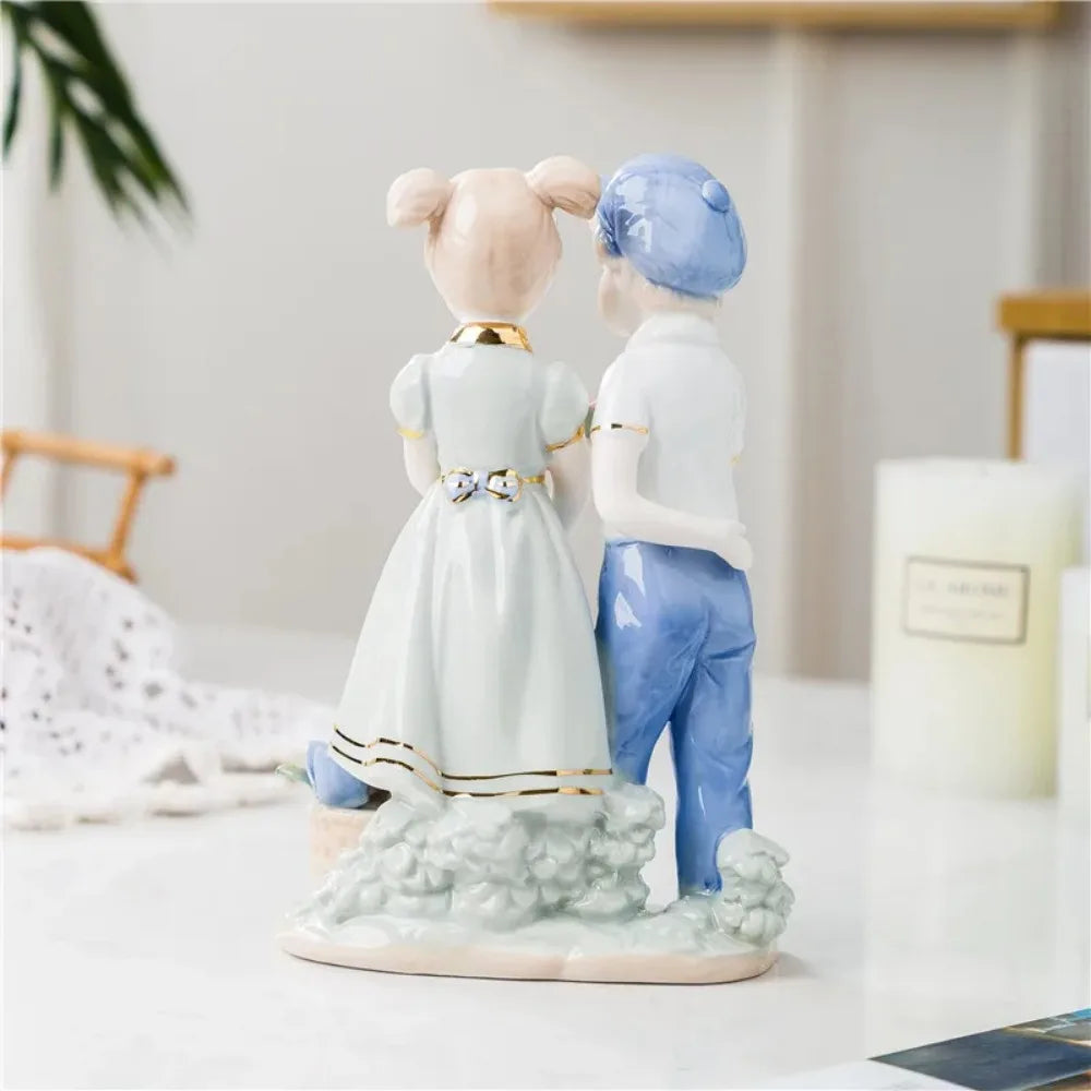 Girl and Boy Sculpture Home Decor Porcelain Couples Figurine Character Statue Ceramics Craft Living Room Decoration Modern Art