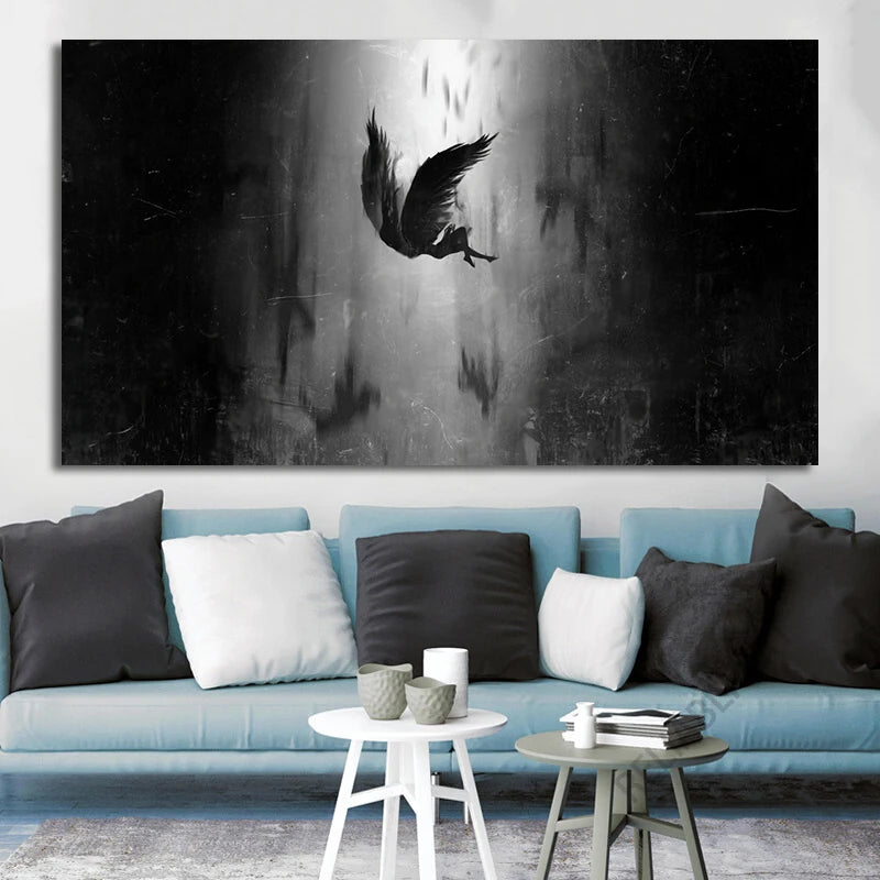 The Angel Lucifer Falls From Heaven Canvas Painting Black Wings Anime Posters and Prints for Living Room Decoration Cuadros