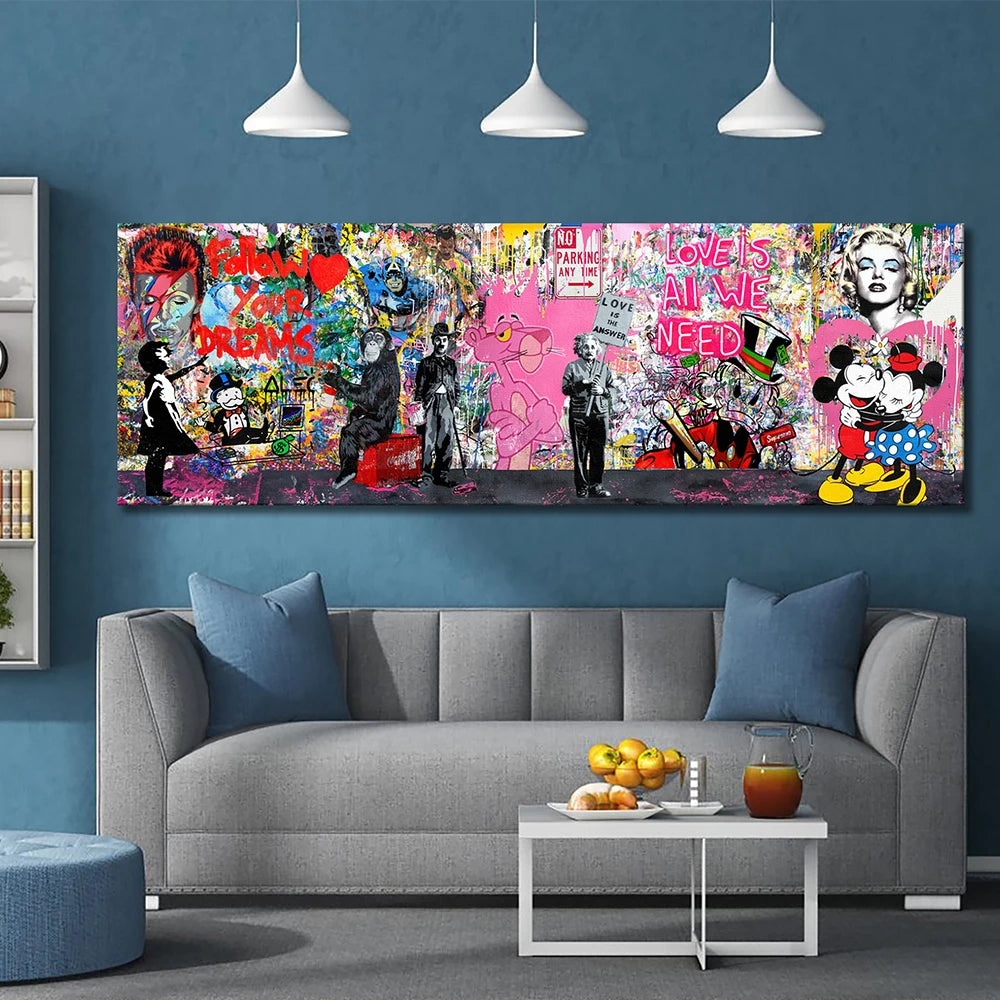 Banksy Graffiti Graffiti Popular de arte de arte de arte de arte Mickey Monopoly Sala de estar Home Fashion Wall Decor Pinturas