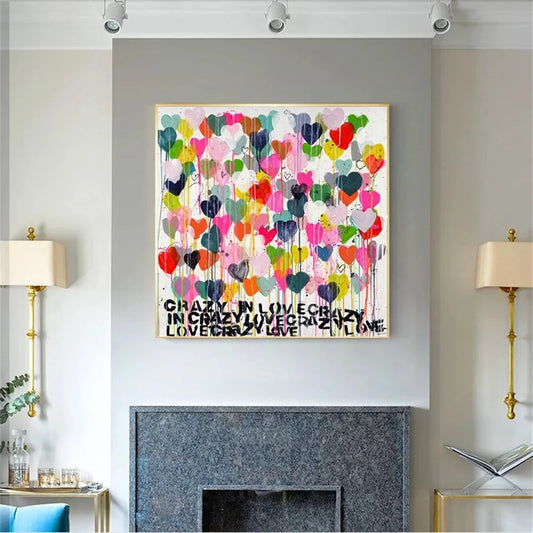 Crazy Love Art Graffiti Print Canvas Painting Colorful Love Heart Modern Wall Art Poster Abstract Picture for Room Home Decor