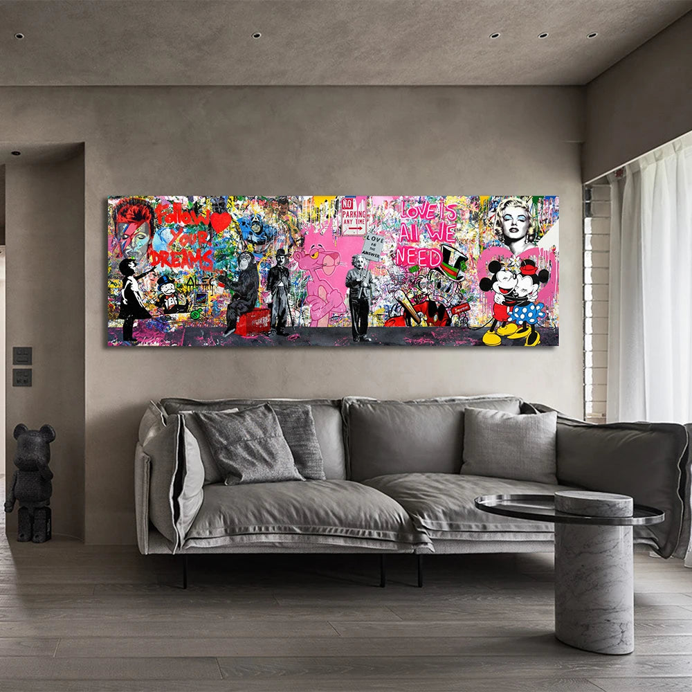 Banksy Graffiti Graffiti Popular de arte de arte de arte de arte Mickey Monopoly Sala de estar Home Fashion Wall Decor Pinturas