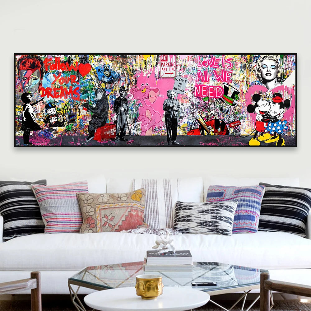 Banksy Graffiti Graffiti Popular de arte de arte de arte de arte Mickey Monopoly Sala de estar Home Fashion Wall Decor Pinturas