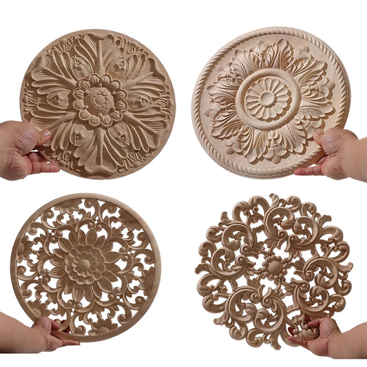 Round Flower Exquisite Carving Natural Wood Appliques Furniture Wooden Mouldings Vintage Unpainted Accessories Decoration Decal