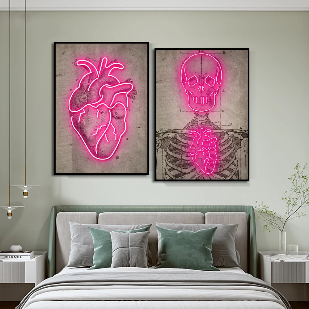 Abstract Pink Neon Skeleton Heart Painting Poster HD Stampa su tela di pittura da parete Art Picture per soggiorno Decorazione per la casa