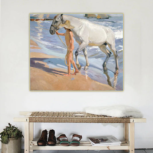 Citon Joaquin Sorolla 《Baño del caballo》 Canvas Art Pintura al óleo Póster Póster Imagen Decoración de la pared de fondo Decoración del hogar