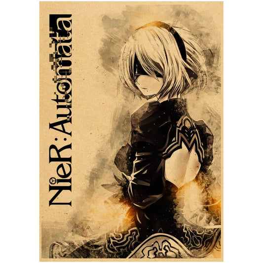 Juego Nier Automata Póster Vintage Kraft Paper de alta calidad Hogar Room Cartoon Arte Impresión Pegatina de pared de la pared Pintura