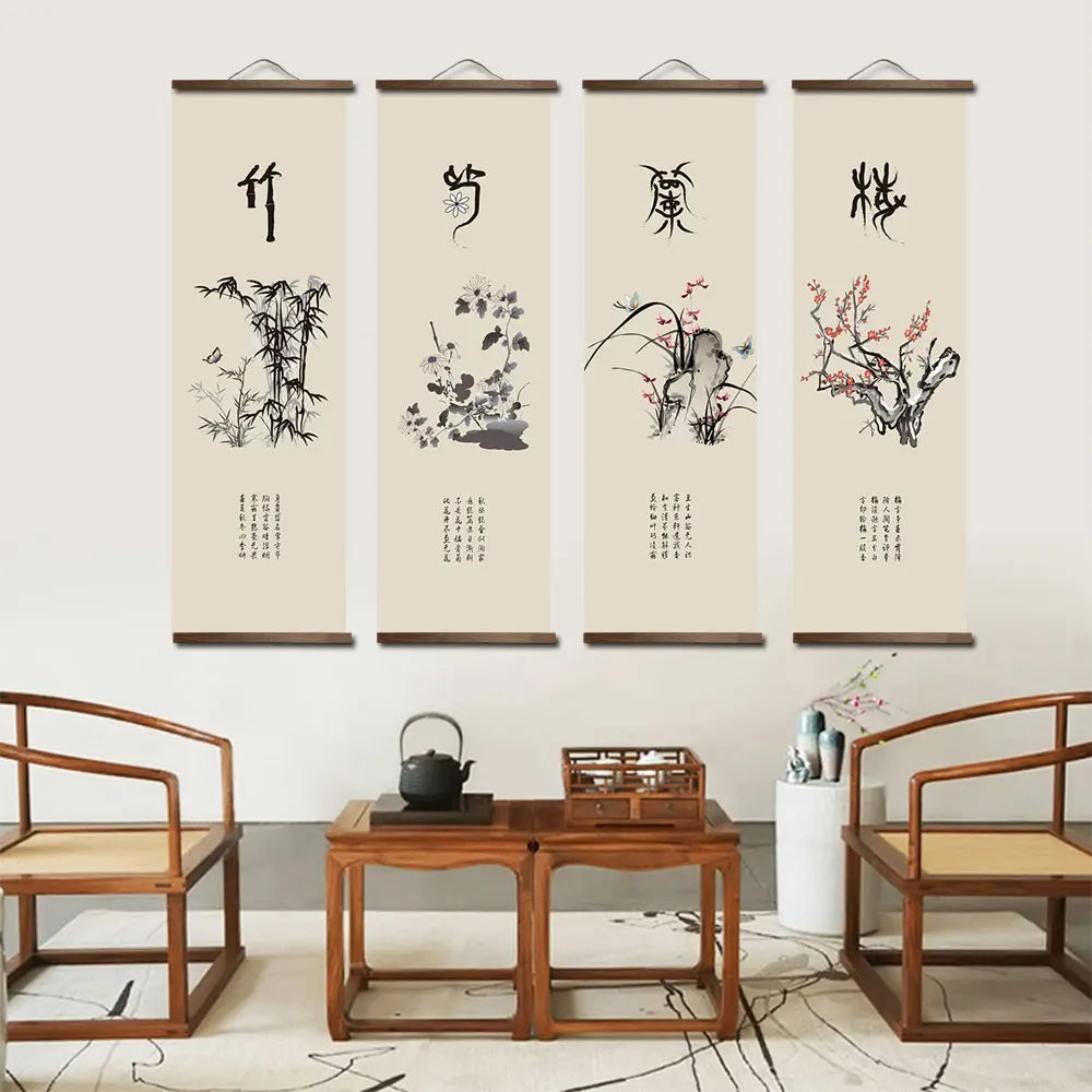 Carteles de lona de plantas verdes de flores chinas para la sala de estar de la sala de estar