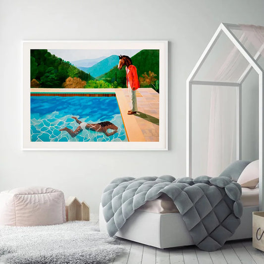 Póster de impresión BoJack David Hockney Inspirado dos caballos Cabina para piscina Pintura Arte Mural Cartoon Imagen Decoración de la sala de estar