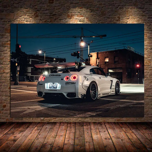 Nissan Tuning GT R R35 White Super Car pósters y estampados de arte de pared moderno Pintura de lona para decoración de la sala de estar sin marco