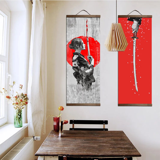 Japonés samurai ukiyoe para carteles de lienzo y estampados pintura de decoración arte de pared decoración del hogar con pergamino colgante de madera maciza