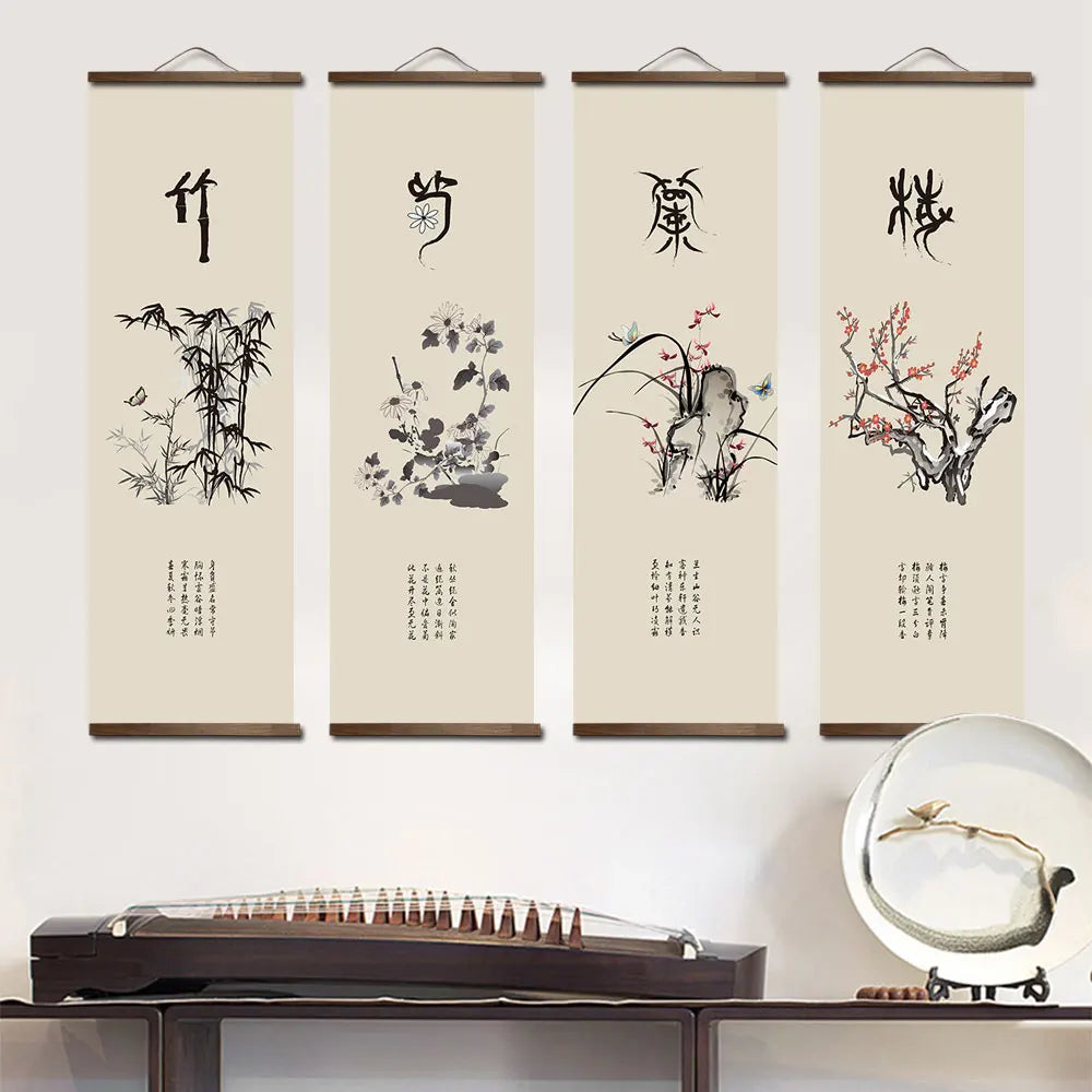 Carteles de lona de plantas verdes de flores chinas para la sala de estar de la sala de estar