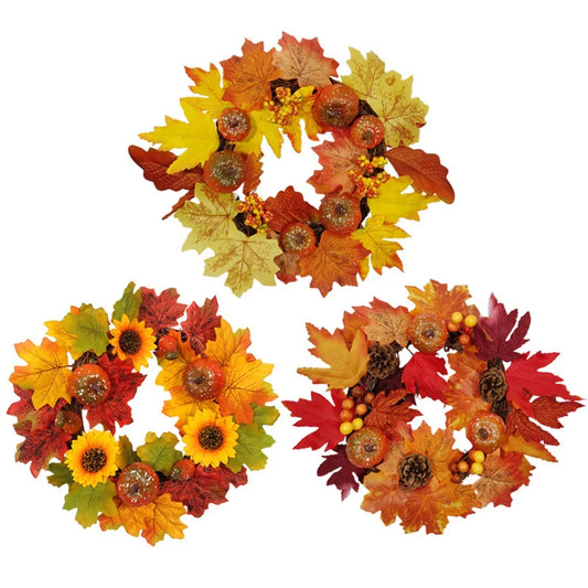 Autumn Door Wreath Harvest Front Door Wall Hanging Maple Leaf Rattan Pumpkin Pinecone Wreath Thanksgiving Harvest Festival Decor