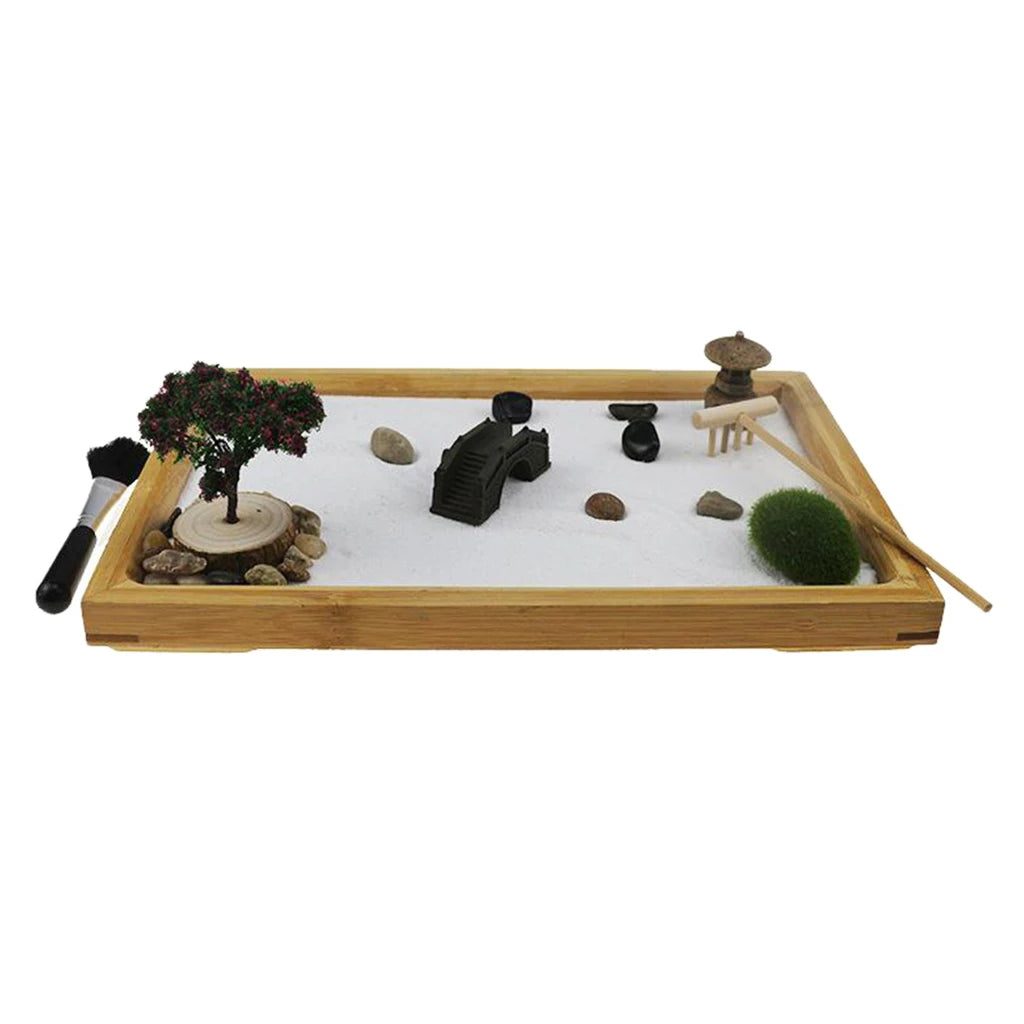 Jardin de sable zen pour le bureau avec râteau, pont, arbre, accessoires de table de bureau de roche, mini kit de sable de sable zen cadeaux de méditation