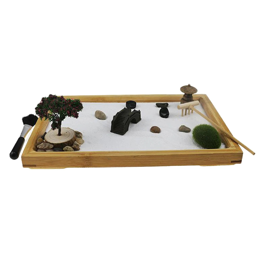 Jardin de sable zen pour le bureau avec râteau, pont, arbre, accessoires de table de bureau de roche, mini kit de sable de sable zen cadeaux de méditation