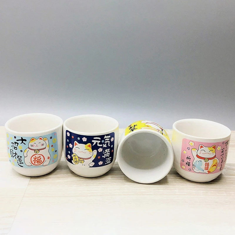 5-teiliger Weinset Japanische Maneki Neko Keramik Sake Set (1 Tokkuri Flasche 200ml und 4 Ochoko Cup) Glückskatze Getränkeware