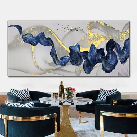 Nordic Golden Luxury Canvas Painting Blue Ribbon Abstract Posters and Prints Wall Art Pictures for Living Room Home Decoration