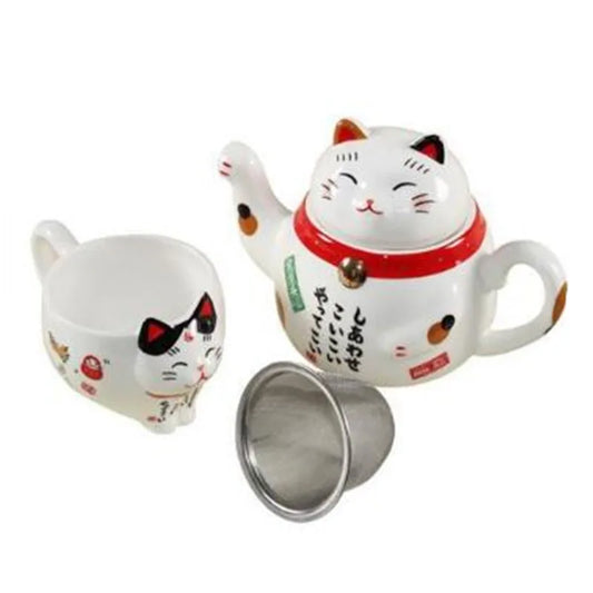 Japanische glückliche Katze Porzellan Tee -Set kreative Glückskatze Keramik Tee Tasse Topf mit Sieb Schöne Plutus süße Katzen -Teekanne Becher