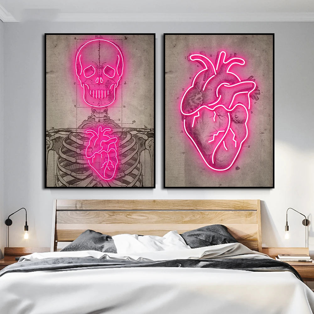 Abstract Pink Neon Skeleton Heart Painting Poster HD Stampa su tela di pittura da parete Art Picture per soggiorno Decorazione per la casa