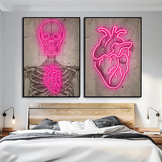 Posteros de pintura de corazón de neón rosa abstracto