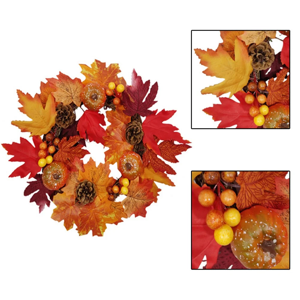 Autumn Door Wreath Harvest Front Door Wall Hanging Maple Leaf Rattan Pumpkin Pinecone Wreath Thanksgiving Harvest Festival Decor