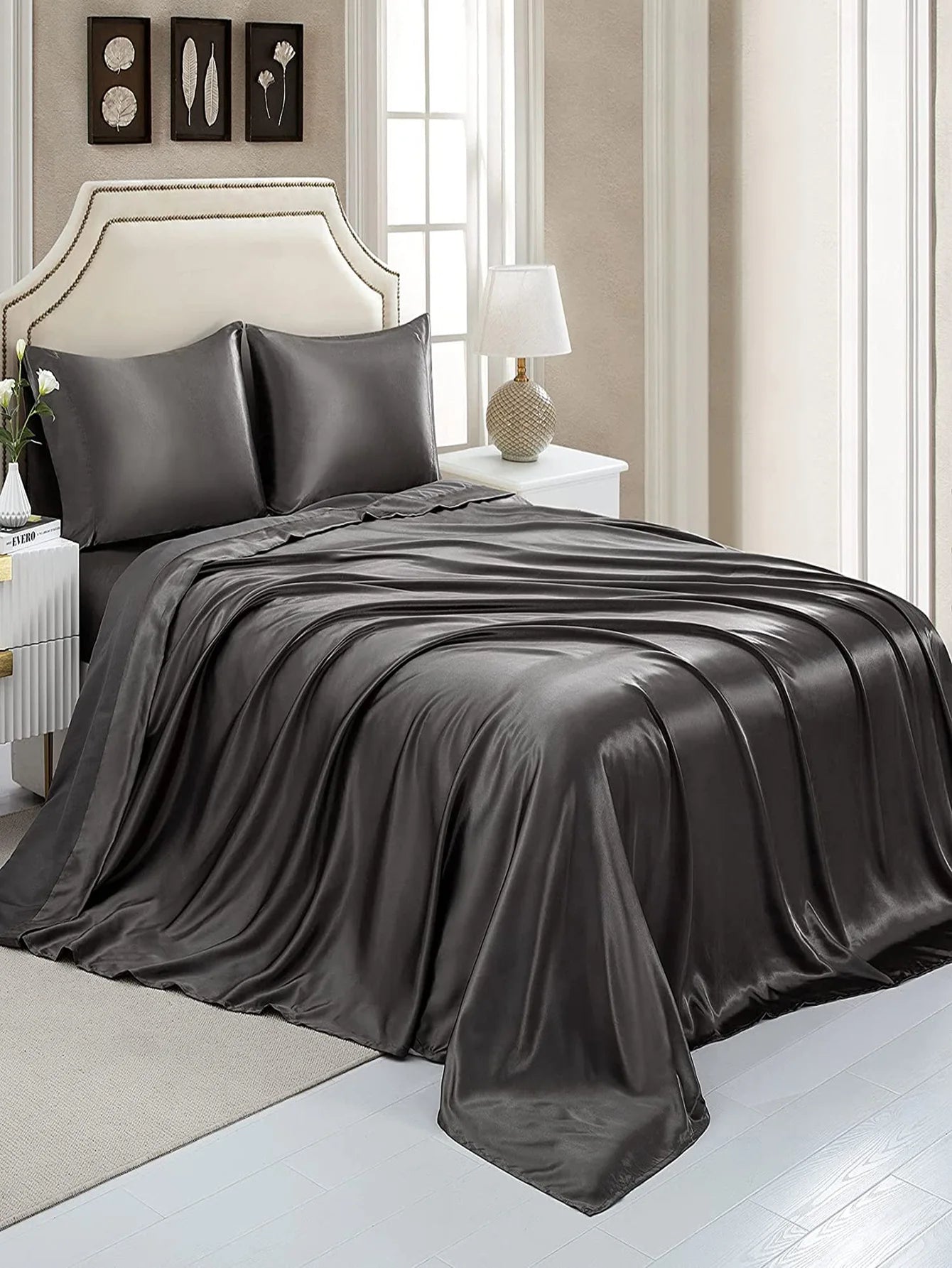 JuwenSilk 3pcs luxury satin silk Linens double bed sheet Bed set Satin bed line bed sheet solid Bed cover Bedspread pillowcase