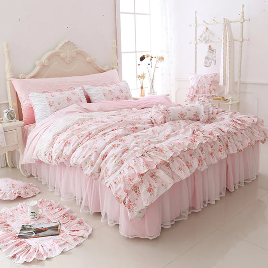 100% Cotton Floral Printed Princess Bedding Set Twin King Queen Size Pink Girls Lace Ruffle Duvet Cover Bedspread Bed Skirt Set