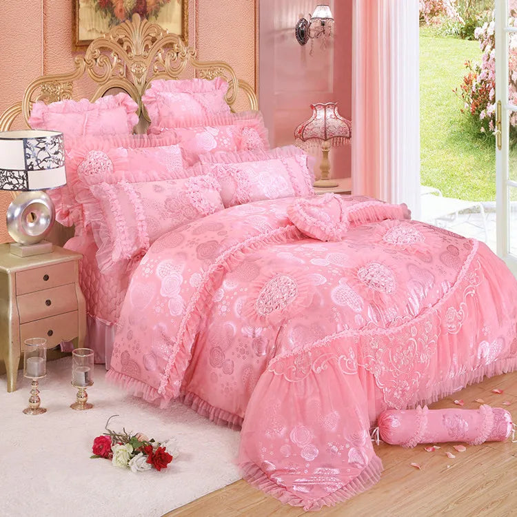 4/6/8 pezzi rosa rosa in pizzo da letto principessa set di ragazze lussuoso set da letto da sposa fogli di copertura di copertura regina king size 2018 nuovo design