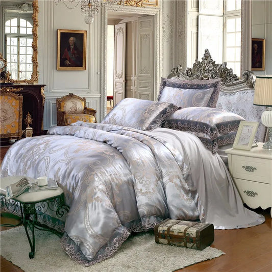 Luxury satin jacquard bedding set queen/king size bed set gold silver color 4pcs cotton silk lace duvet cover sets bedsheet 38