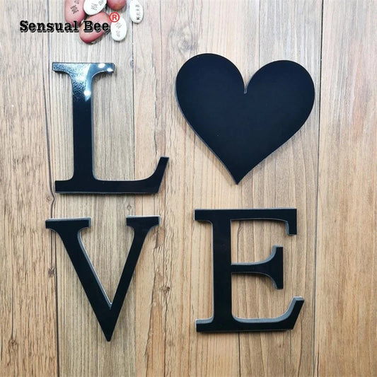 3D DIY English Letters Acrylic Mirror Surface Wall Wall Sticker Black Alphabet Poster Decoración del hogar Decoración de la boda Mural