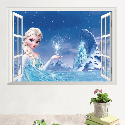 Dibujos animados congelados Elsa Anna Princess 3D Window Wall Wall Siginas para niñas Decoración de la sala de niños Decoración de niños extraíbles Costadio de dormitorio